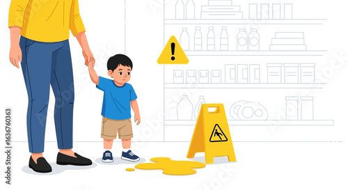 Wet Floor Safety Careful Spillage In Supermarket With Mom and Child Illustration