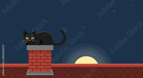 Whimsical cartoon illustration of a black cat perched on a chimney under a starry night