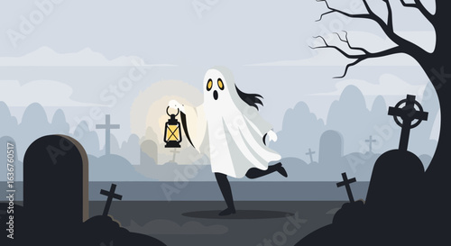 Spooky Halloween Night: A Ghostly Figure Wandering Through a Graveyard with a Lantern