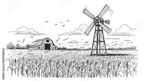 Detailed black and white sketch of a rustic farm scene with a windmill and barn in a field of grain silhouette