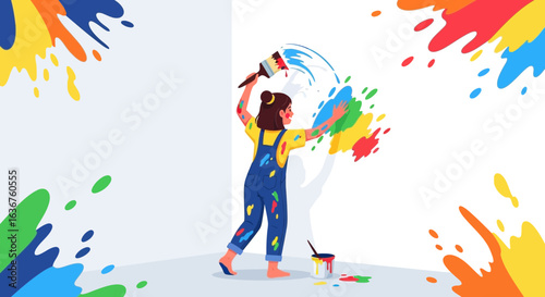 Whimsical wall art creation woman painting vibrant splatters on a white backdrop joyfully expressing creativity and artistic talent