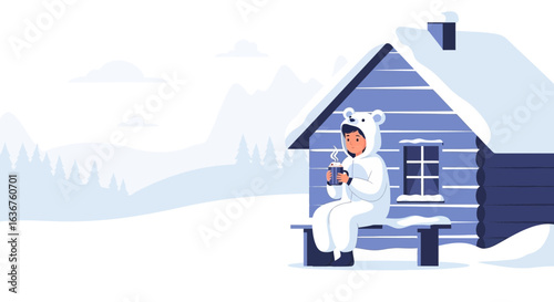 Winter Cabin Escape A Young Man Enjoys Hot Drink In Cozy Bear Suit