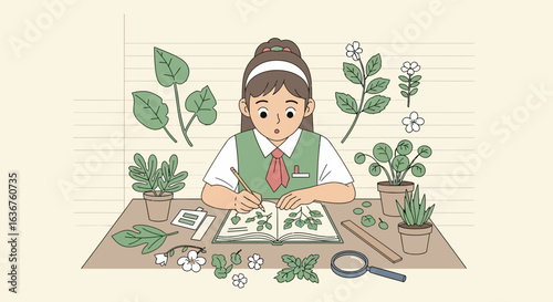 Young botanist studying plants and drawing illustrations in her notebook with dedication