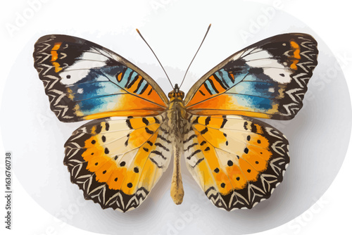 Colorful Butterfly With Orange Blue White And Black Wings On White Background insect lepidoptera