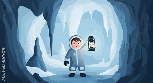 Winter Expedition Inside The Ice Cave With Lantern Exploring Discovering Adventure