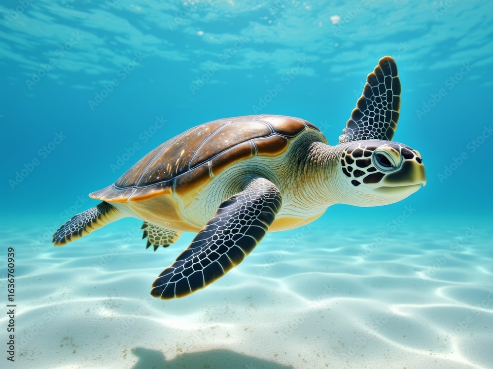 Fototapeta premium Sea turtle swimming gracefully underwater in clear blue ocean 