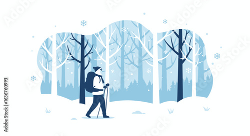 Winter Trekking Adventure Through Snowy Forest Wonderland Scene Illustration