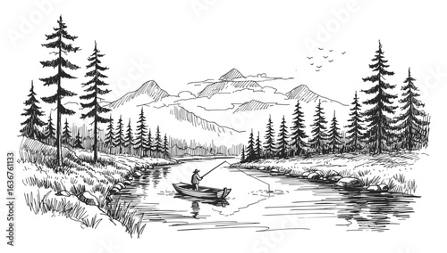 Serene mountain landscape with a fisherman in a boat on a winding river surrounded by pine trees silhouette