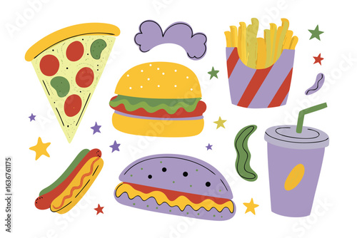 Delicious Fast Food Collage: This vibrant illustration showcases a mouthwatering ensemble of beloved fast food items, perfect for any culinary project, bringing the essence of quick and tasty eats.