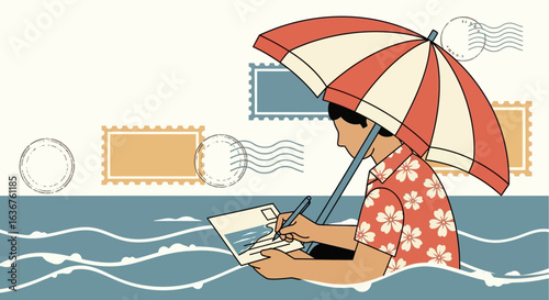 Wish You Were Here Tropical Postcard Man With Umbrella Composing Letter