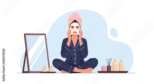 Woman applying facial mask in a relaxing spa environment with candles and mirror