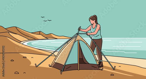 Woman Assembling a Tent Near Ocean for Beach Camping on Summer Vacation