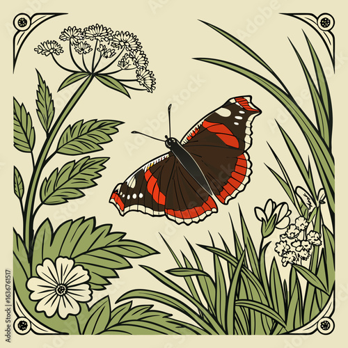 Hand Drawing Collectible vintage illustrated 'Butterflies and Moths'  here depicting a Red Admiral butterfly in its native habitat  illustration drawing. 