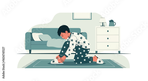 Young Boy Prepares For Bed Time Slippers Pajamas Comfort Home