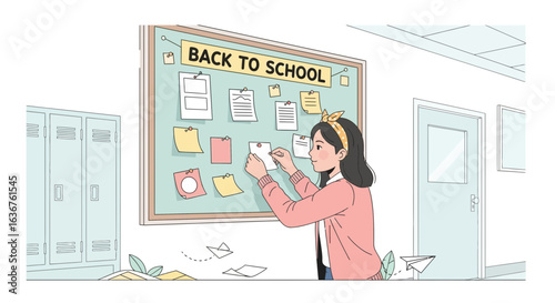 Student Posting Notices On Bulletin Board Announcing Back To School Day