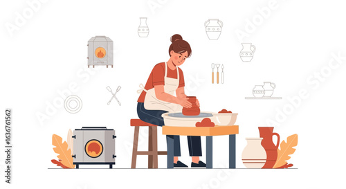 Woman Crafting Pottery on a Wheel in Creative Studio Handmade Ceramic Design