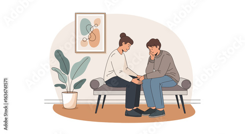 Woman Comforting Friend Sitting On Bench Inside Providing Support Connection