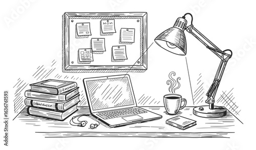 A detailed sketch of a study desk with a laptop stack of books desk lamp and bulletin board presented in a classic silhouette style