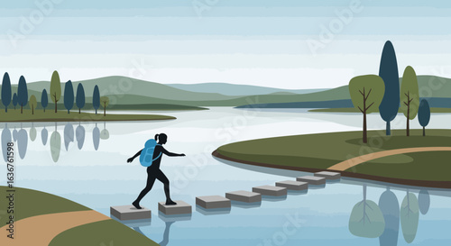 Woman Crosses Lake Via Stepping Stones Silhouette Surrounded By Nature Scenery