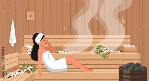Woman enjoying a relaxing spa day in a traditional sauna with birch branches and hot stones
