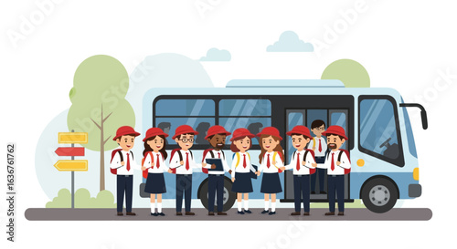Students In Uniform Getting On School Bus For An Educational Field Trip
