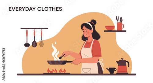 Woman Enjoying Cooking A Meal In Her Kitchen Interior Vector Illustration