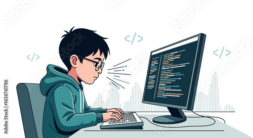 Young Coder Immersed In Programming Working At Computer Writing Software Code