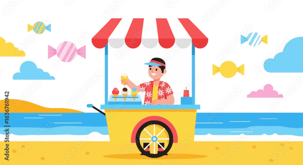Fototapeta premium Summer Vibes Ice Cream Vendor Cartoon Illustration On Sunny Beach Day