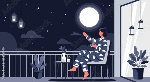 Woman Enjoys Nighttime Serenity on Balcony Sipping Hot Drink Under Moonlight