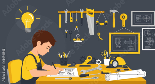Young Designer Working At Home Creating Blueprints In Brightly Lit Workspace