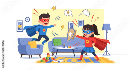 Super Kids Role Playing At Home Having Fun And Imagination Concept