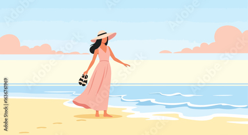 Woman Enjoying Tranquil Beach Walk Under Serene Sky On Peaceful Vacation