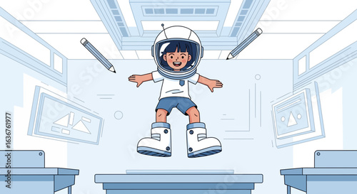 Young Dreamer Imagination A Child Pretending To Be An Astronaut Cartoon Design