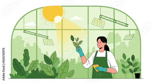 Woman Gardener Inspecting Sapling Growth in Modern Solar-Powered Greenhouse