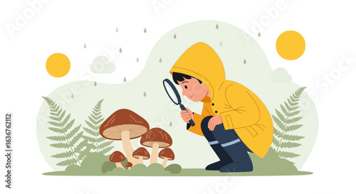 Young Explorer Discovers Autumnal Fungi With Magnifying Glass In Rainy Landscape