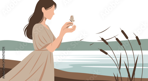 Woman Holds A Butterfly Near Water Landscape Serene Moment Illustration