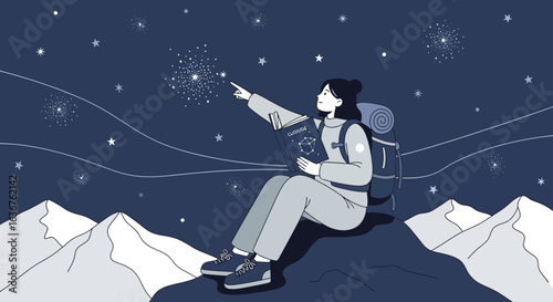 Woman Hiker Studying Constellations Under Night Sky With Snowy Mountain Scenery