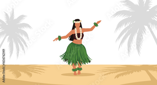 Woman Hula Dancing on Sandy Beach Under Palm Tree Silhouette Vector