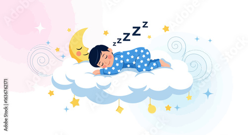 Sweet Dreams Illustration Of A Boy Sleeping On A Cloud Under The Moon
