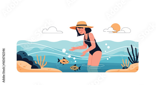 Woman In Swimsuit Interacting With Fish In Ocean During Summer Vacation