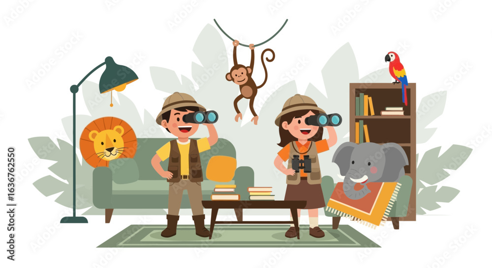 Fototapeta premium Young explorers adventure in the living room with binoculars and jungle animals theme