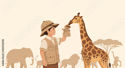 Young Explorer Tending Giraffe In Animal Kingdom Illustration Expedition Adventure