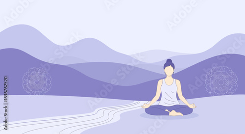 Woman Meditating In Peaceful Landscape For Mental And Physical Well Being Concept