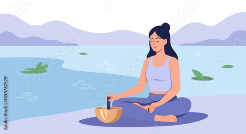 Woman meditating with singing bowl near the lake, promoting mindfulness and tranquility for emotional wellbeing during spiritual retreat