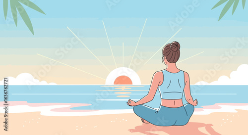 Woman Practicing Morning Yoga On Beach At Sunrise For Relaxation And Wellness