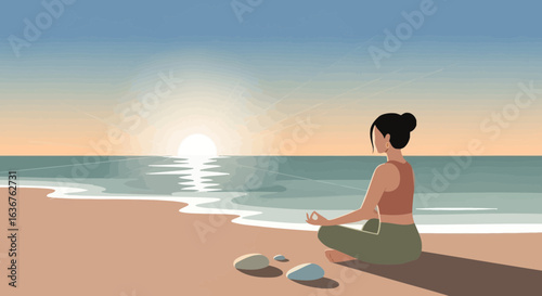 Woman Practicing Mindfulness on a Serene Beach at Sunrise or Sunset