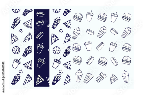 Delicious Delight: A vibrant and tempting arrangement of your favorite foods, an aesthetic pattern of illustrations.