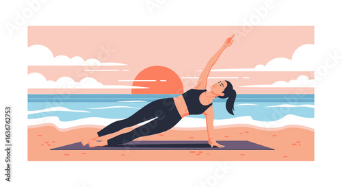 Woman practicing side plank yoga pose on beach with sunrise backdrop illustration