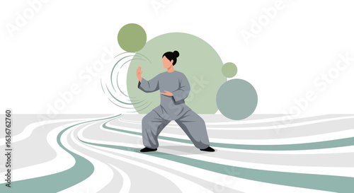 Woman Practicing Tai Chi in Serene Abstract Environment Emphasizing Balance and Focus