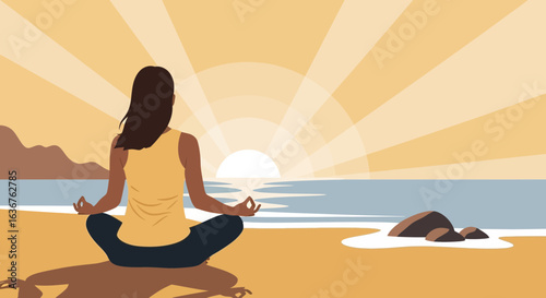 Woman Practicing Yoga At Sunrise On The Beach For Wellness And Relaxation